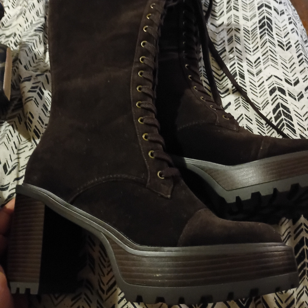 Brown Suede Lace-Up Platform Boots